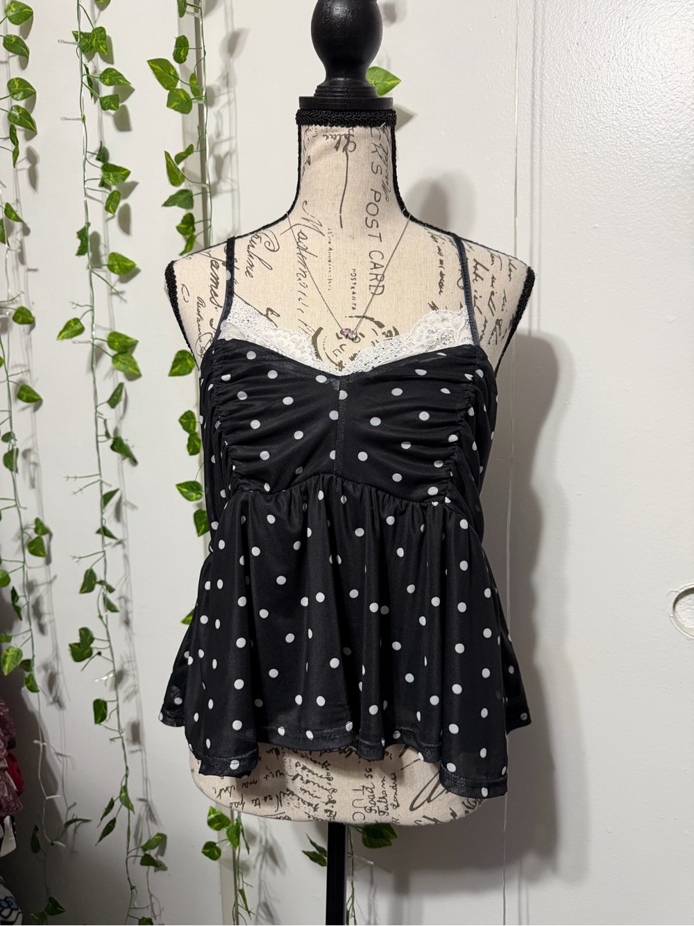 like an angel Black and White Polka Dot Lace-Trim Camisole